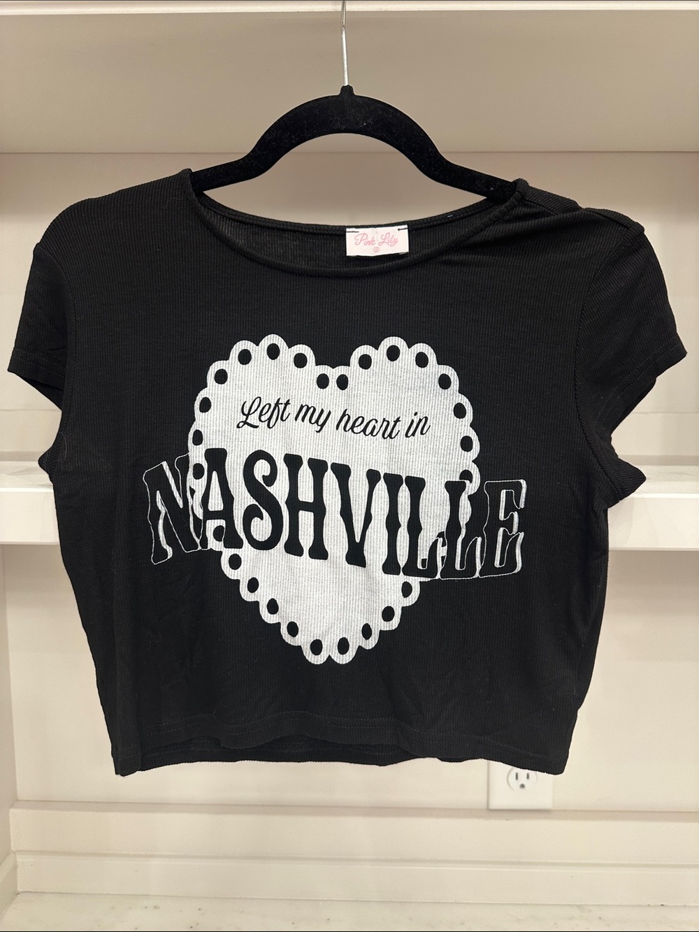 Pink Lily small Black 'Left My Heart in Nashville' cropped Graphic Tee.  Like ne